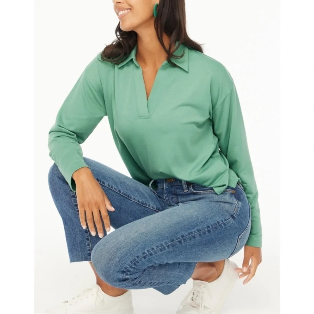 J. Crew Rugby Green Long Sleeve Collared VNeck Lightweight Sweater Top